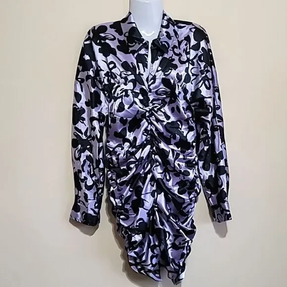 Zara Satin Effect Black and Lilac Dress Sz Large - Picture 5 of 8